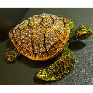 Sea Turtle Crystal Trinket Box Jewelry Gold Green Bejeweled New